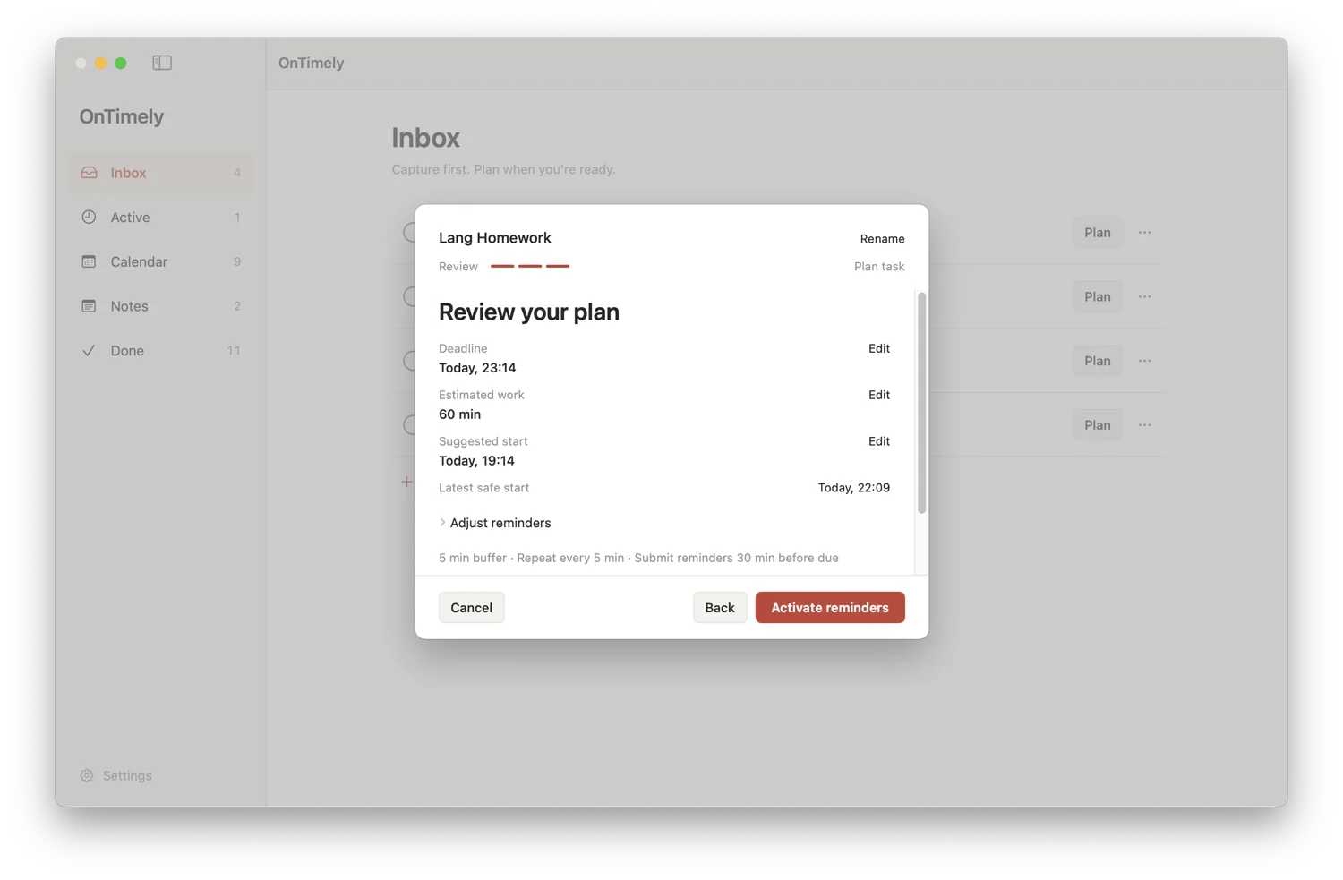OnTimely’s plan review showing the deadline, estimated work, suggested start, and reminder activation.